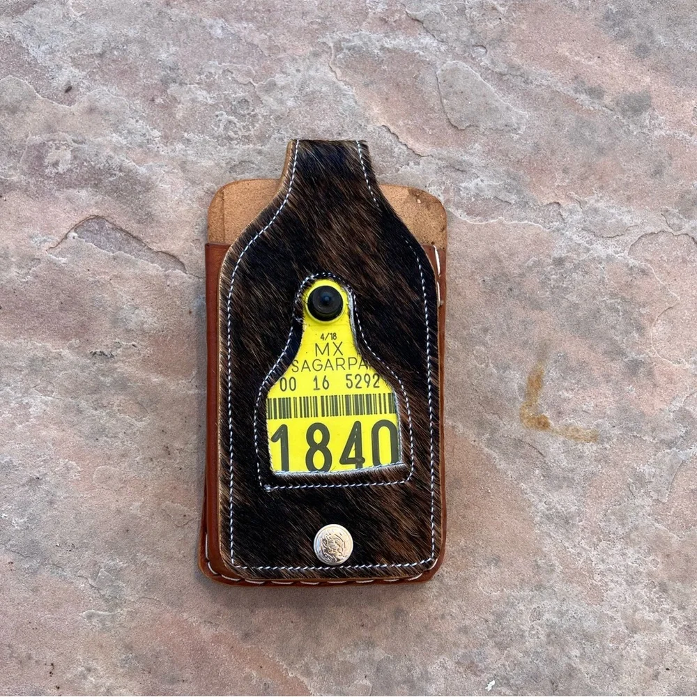 Handmade Artisan Mexican Cattle Auction Tag Cow Hide Phone Belt Loop Holder Case